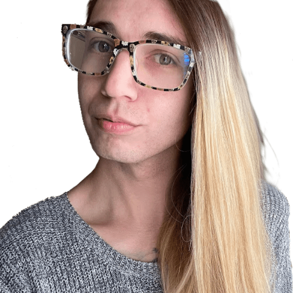 Blair, with colorful glasses and long blonde hair